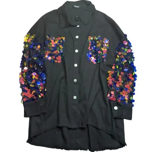 CHICME Black Button-Up Sequin Statement Shirt – Size 23” x 30” - Picture 1 of 4